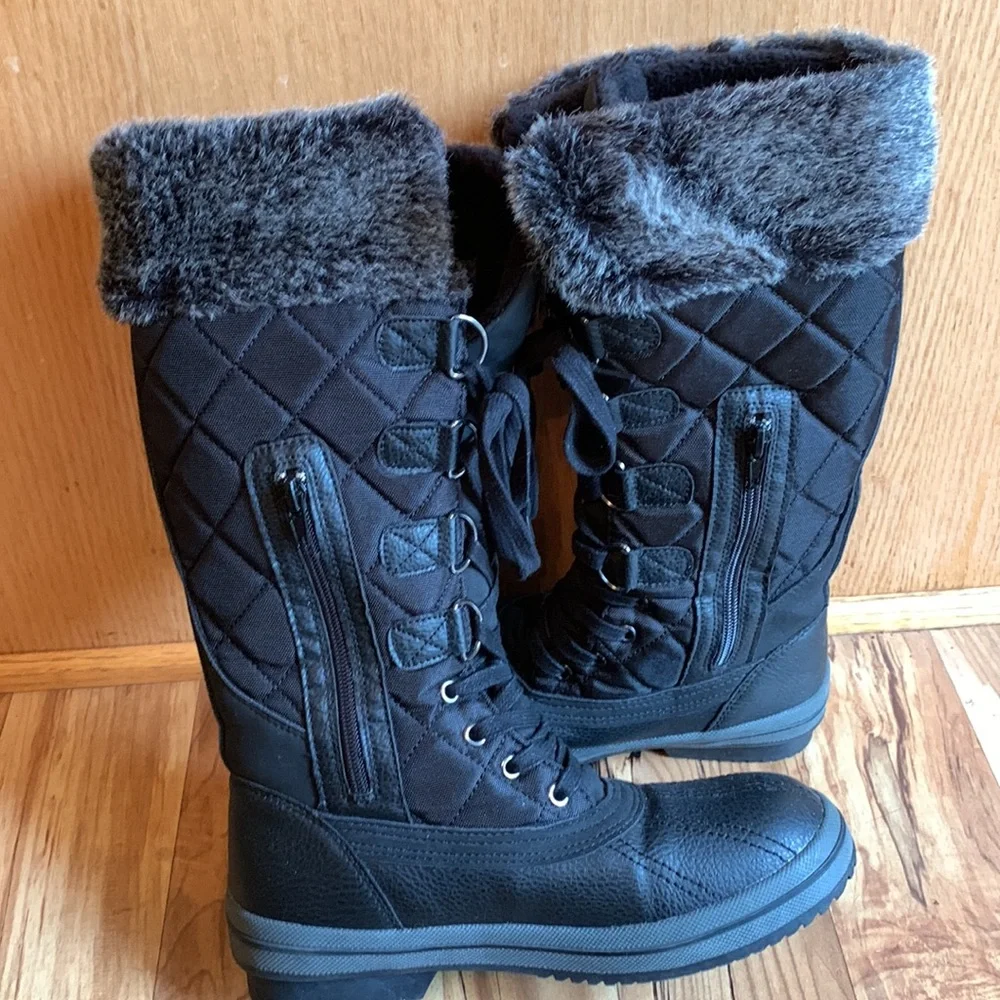 Laneige Canada 38 / 7-1/2 BLACK waterproof quilted vegan fur lace up snow boots